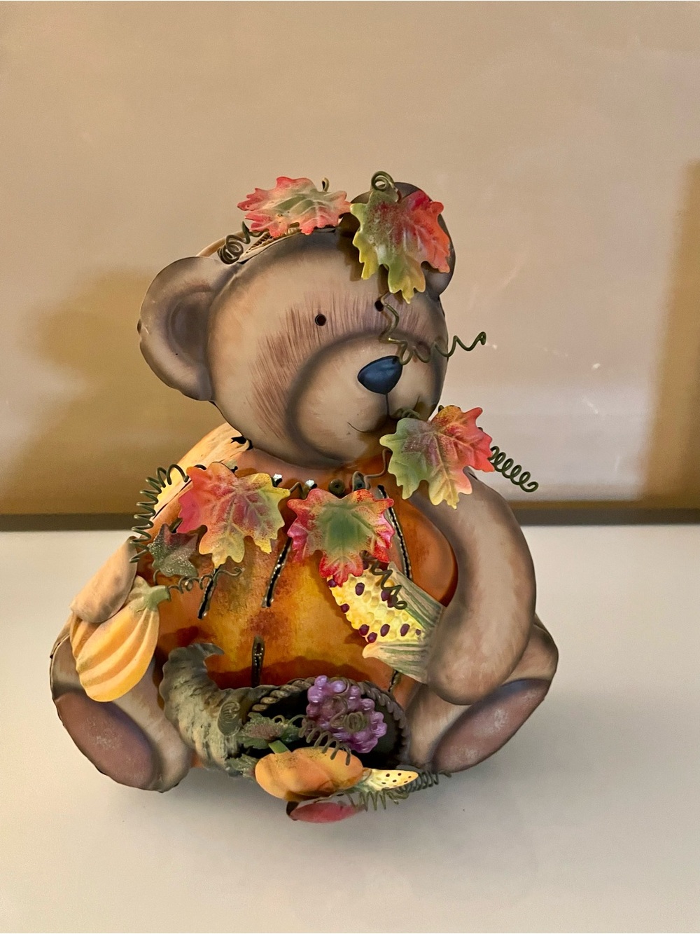 Home Interiors Autumn Bear Decorative Candle Holder with Pumpkin